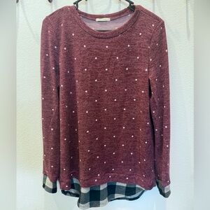 12PM by Mon Ami Burgundy Polka Dot Sweater with Plaid Hem